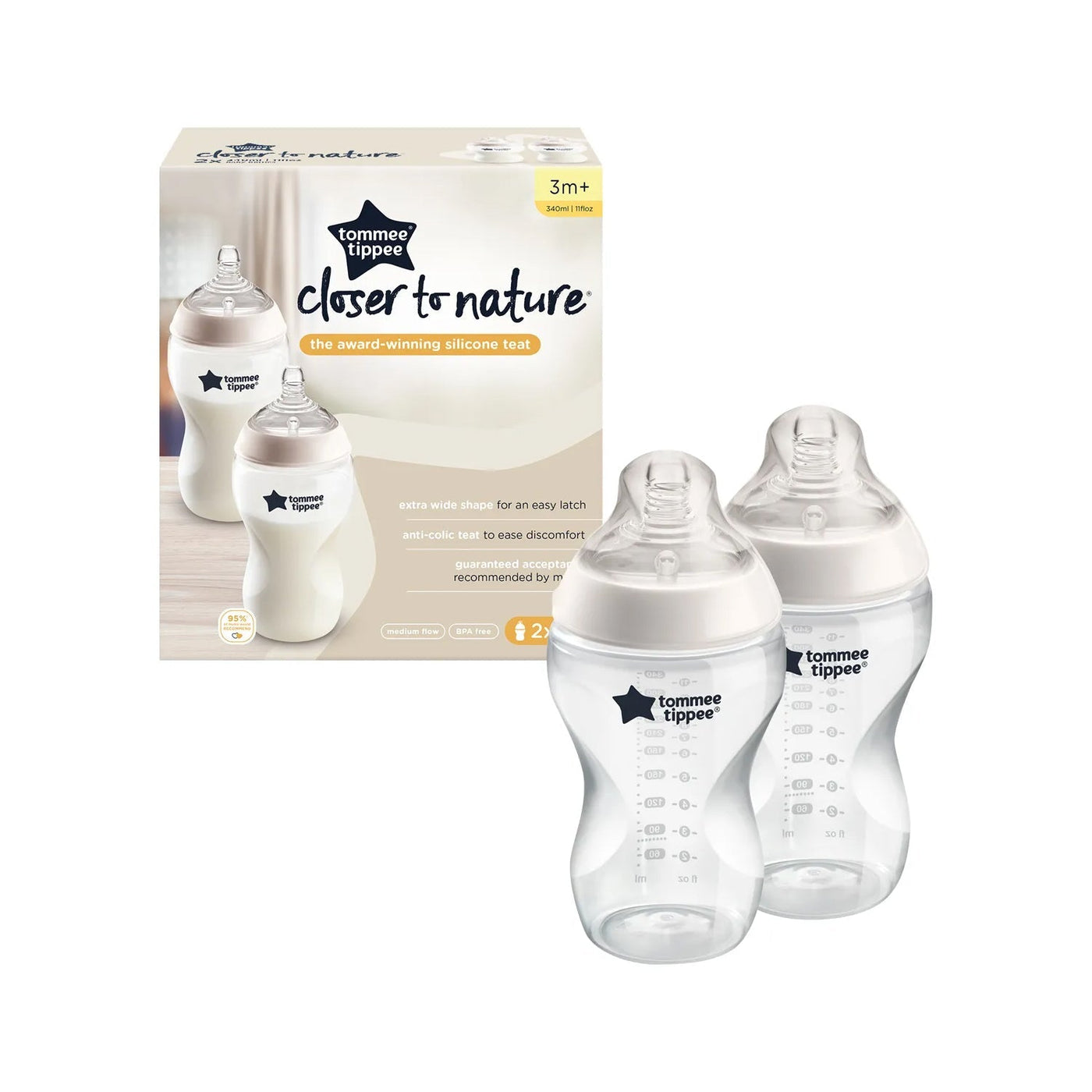 Tommee Tippee Closer To Nature Clear Bottles 340ML 3M+ 2Pk