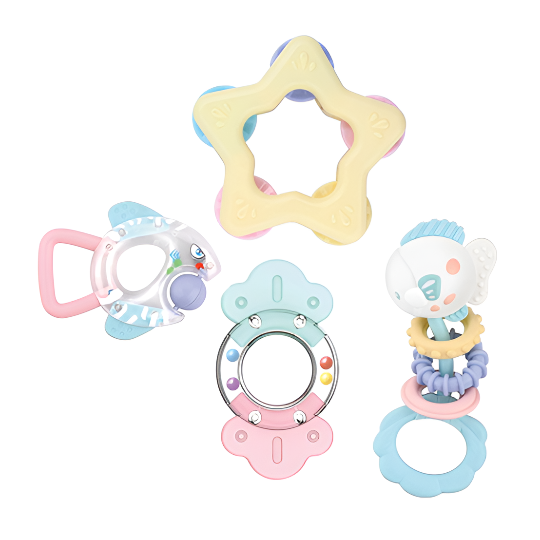 HE0126 - Baby Teether Rattles 4PC Pestle Colours