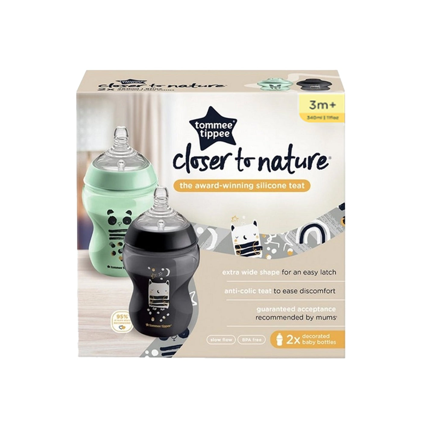 Tommee Tippee Closer To Nature Decorated Baby Bottles Boy 340Ml 2Pk 3M+